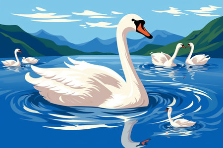 Swan birds swimming in the river : Generative AIの素材