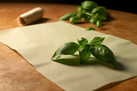 fresh basil leaf on a wooden background : Generative AIの素材