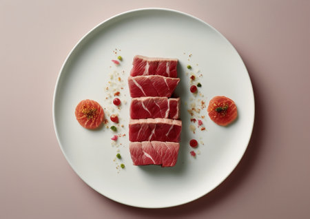 beef meat and fish in a plate : Generative AIの素材