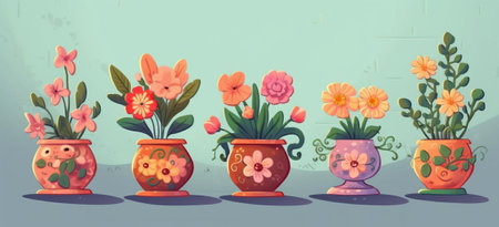 decorative pots with colorful flowers : Generative AIの素材