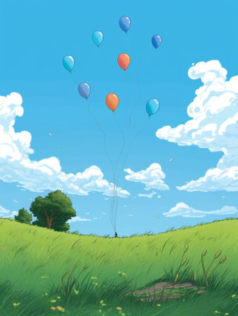 green balloons on blue sky with clouds of background : Generative AIの素材