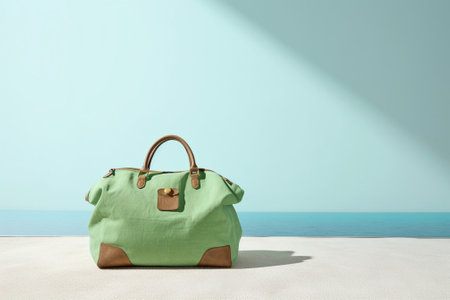 orange and green travel bag on white brick background : Generative AIの素材