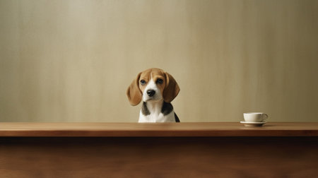 Young beagle puppy trying to catch red apple laying at white school desk Back to school : Generative AIの素材