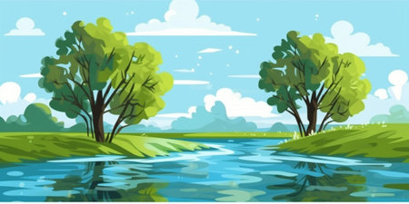tree near the water of river in sunny spring day : Generative AIの素材