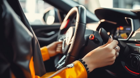 female hand on the gearshift race car : Generative AIの素材