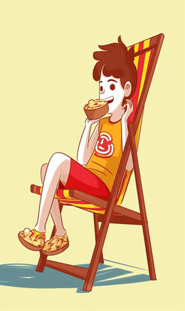 Boy lying in striped yellowandwhite deckchair with ref beach umbrella and drinking cocktail on the nature : Generative AIの素材