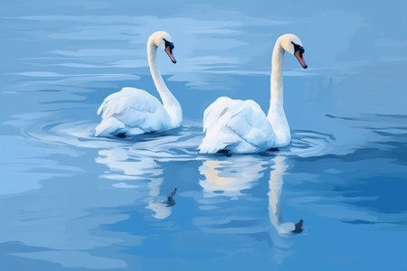 Beautiful birds swans ducks swim in the frozen river Danube : Generative AIの素材
