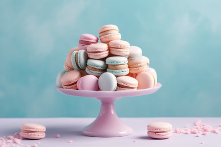 Cake macaron or macaroon on blue background : Generative AIの素材