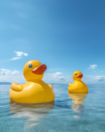 Close up of two forgotten yellow rubber ducks standing on the stone of the sunny beach : Generative AIの素材