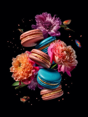 Colorful macaroons and rose flowers : Generative AIの素材