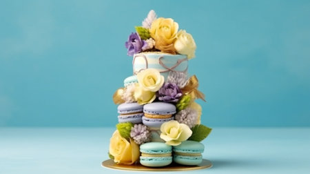 Cake macaron or macaroon on blue background : Generative AIの素材