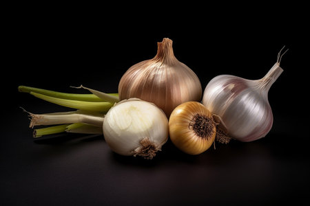 Garlic bundle on the black isolated background : Generative AIの素材