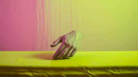 Girls hands stretching yellow slime on the white table : Generative AIの素材
