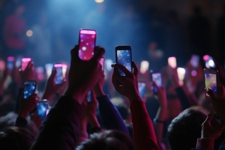 People holding their smart phones and photographing with flash : Generative AIの素材