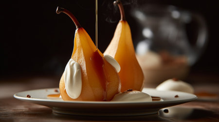 Poached pears with spices in syrup on the white plate : Generative AIの素材