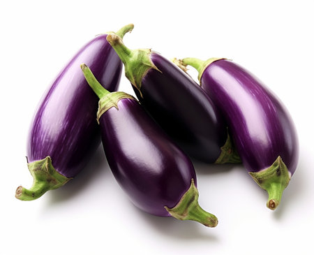 Group of purple eggplants baby on white background : Generative AI