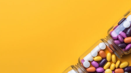 Medical colourful pills at kids hands on yellow background with copy space : Generative AIの素材