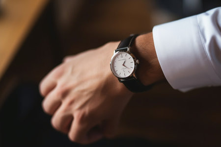 Mans hand up in white shirt and grey tie showing the time copy space Focus is at the watches Business concept : Generative AIの素材