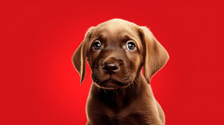 Portrait of young brown Labrador retriever puppy in red tie posing against Christmas background : Generative AIの素材