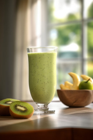 Healthy sport green smootie with honey kiwi spinach and milk Childrens meal : Generative AIの素材