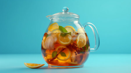 Iced tea with lemon slices and mint on blue background : Generative AIの素材