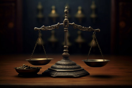 Old scale on a wooden table justice and knowledge concept : Generative AIの素材