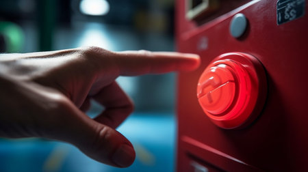 Red Emergency Button in the Factory Safety Push in Industrial manufacturing to Stop : Generative AIの素材