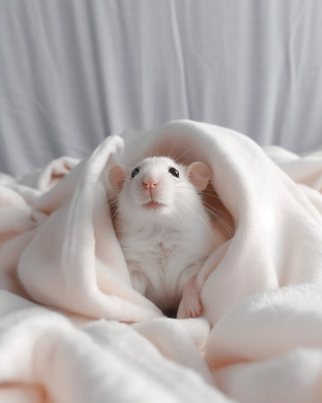 Portrait of a small cute white rat climbing a grey sofa : Generative AIの素材