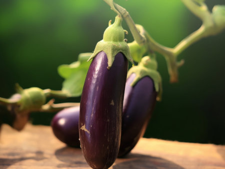 Growing the Organic eggplants aubergine or Solanum melongena Fruit in the vegetable garden Closeup : Generative AIの素材
