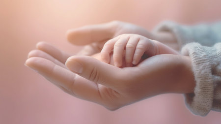 Mothers hand holding little newborn babys hand Copy space : Generative AIの素材
