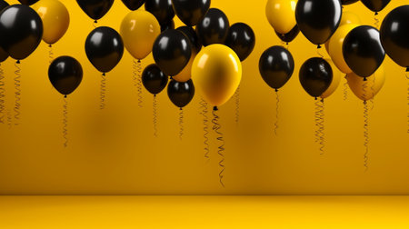 Set of black yellow and white helium ball isolated in the air Celebration background template with balloons : Generative AIの素材