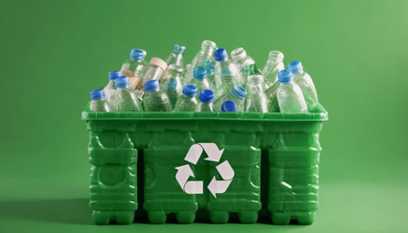 Plastic bottles at cardboard box on yellow background with copy space : Generative AIの素材