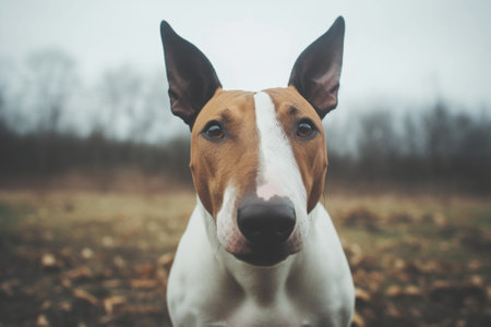 Portrait of miniature black and white bull terrier dog on the grass Copy space : Generative AIの素材