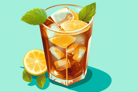 Iced tea with lemon slices and mint on blue background : Generative AIの素材