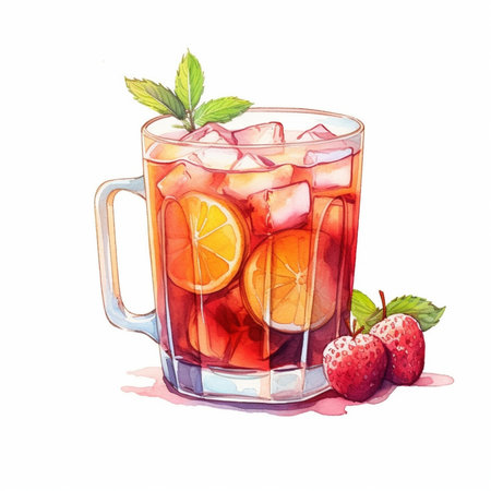 Summer iced drink tea or juice with ice and berries : Generative AIの素材