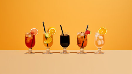 Rows of glasses with orange drink and ice cubes : Generative AIの素材