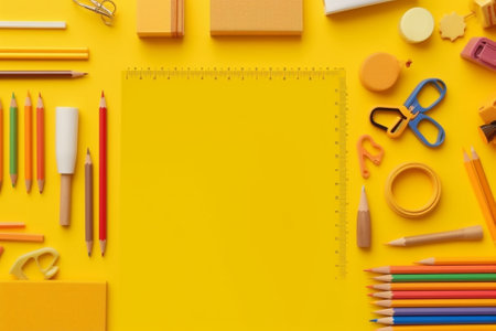 School supplies on the yellow background with copy space Back to school : Generative AIの素材