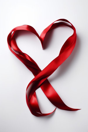 Top view of red silk ribbon like a heart symbol laying on white background with copy space : Generative AIの素材
