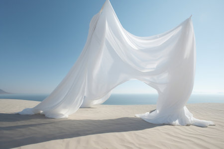 The storm on the beach shakes the white curtains for a shadow : Generative AIの素材