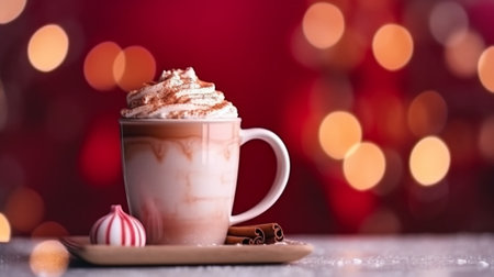 Red cup of cacao with marshmallows standing on black mirror table against Christmas lights Copy space : Generative AIの素材