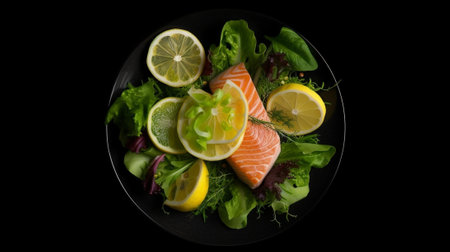 Tartare of salmon Fresh salad served on black stone plate Dieting organic food concept : Generative AIの素材