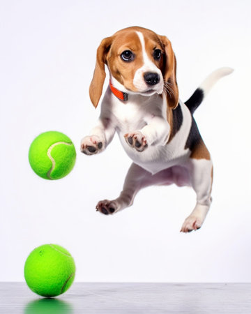Young red cute beagle puppy jumping to his masters hand with feed on the green background Copy space : Generative AIの素材