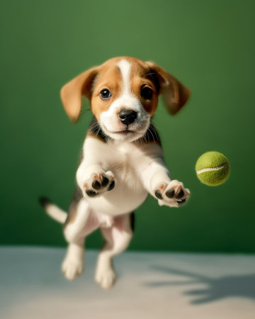 Young red cute beagle puppy jumping to his masters hand with feed on the green background Copy space : Generative AIの素材