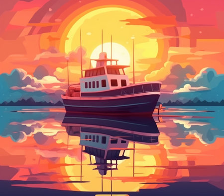 Sunset on sea with boat : Generative AIの素材