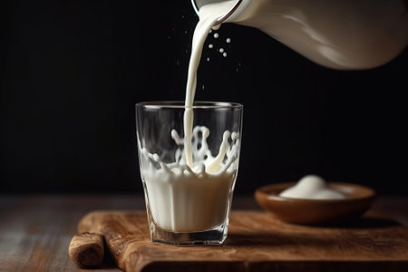 Womans hand in winter pyjamas is pouring glass of milk in the room with her kids Focus is at the hand : Generative AI