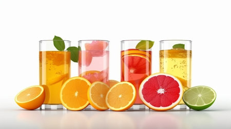 Three glasses with orange grapefruit and lemon juice and cut fruits isolated on white background : Generative AIの素材