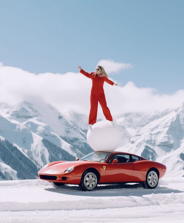 Woman in red winter overalls and Santa cap looking out the cars window and enjoying snowing mountains view Focus is at the hat Copy space : Generative AIの素材