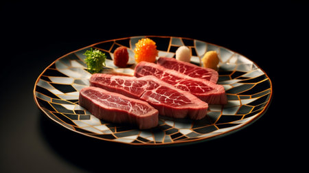 beef meat and fish in a plate : Generative AIの素材