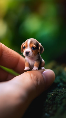 Young red cute beagle puppy jumping to his masters hand with feed on the green background Copy space : Generative AIの素材