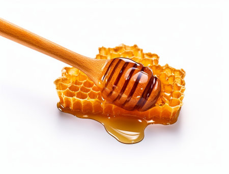 sweet honeycomb and wooden drizzler isolated on white : Generative AIの素材
